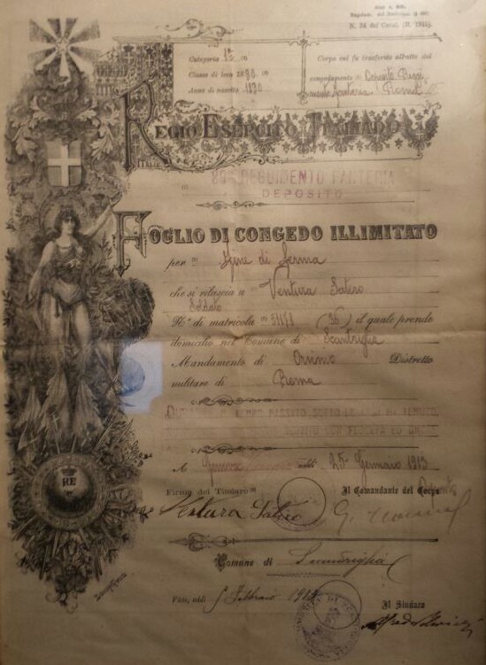 Foglio di congedo, Guerra Italo-Turca, Scandriglia 1913 - Famiglia Ventura