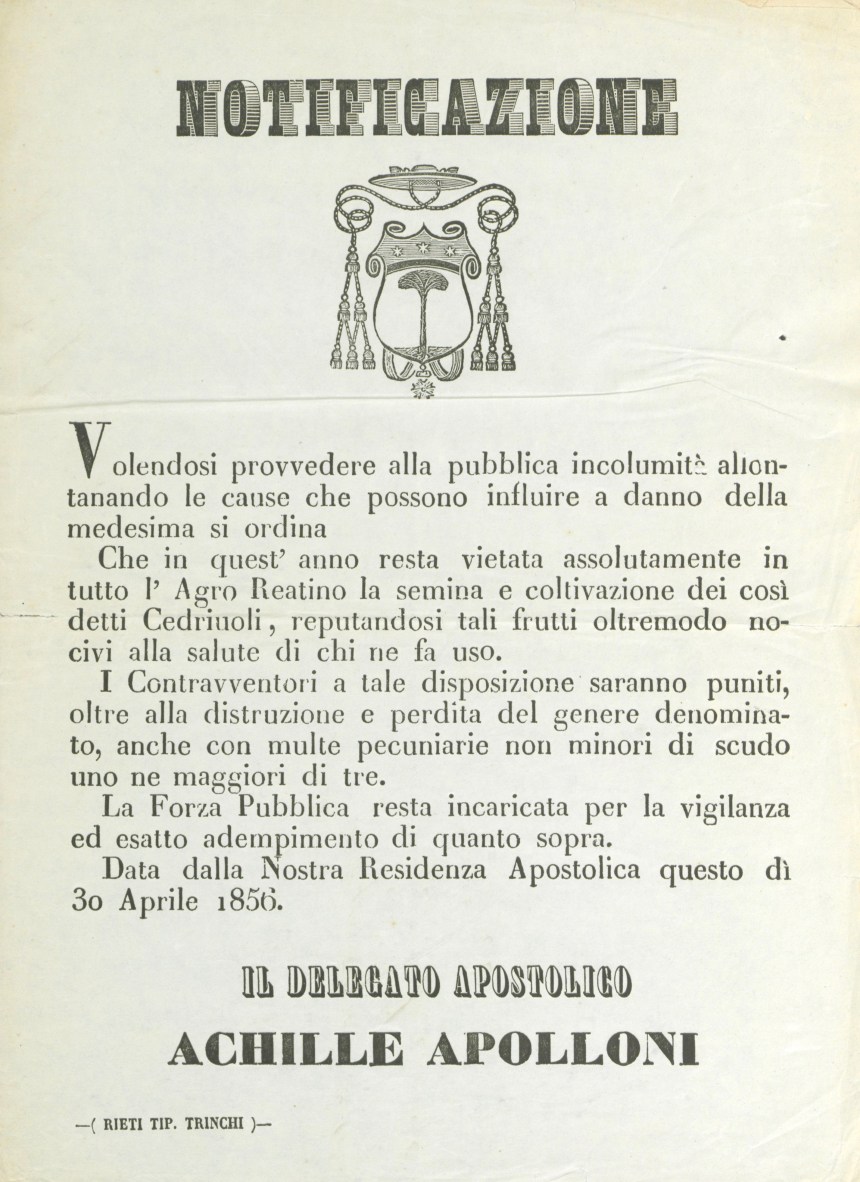 Archivio di Stato di Rieti, Collezione editti e bandi, b. 4, n. 350.
